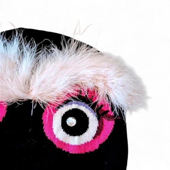 Kate Spade Monster Beanie Knit Hat Black Pink Faux Fur NWT - Picture 2 of 5